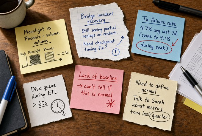 A wooden desk displays handwritten sticky notes documenting transaction metrics and operational concerns, including "Moonlight vs Phoenix - volume" showing Moonlight outnumbering Phoenix 2.3x, alongside notes flagging issues like "Tx failure rate 4.7% avg last 7d (spike to 9.1% during peak)," "Bridge incident recovery" requiring a checkpoint timing fix, and "Disk queue during ETL > 60s" — context notes visualizing the data analysis comparing Dusk blockchain's Moonlight (231 transactions) versus Phoenix (21 transactions) transaction models mentioned in the post.