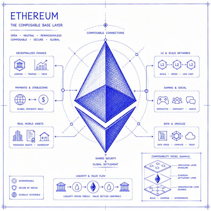 The image features a blue and white diagram that illustrates the concept of Ethereum, which is a cryptocurrency designed for use as a global, peer-to-peer digital currency. The diagram shows various elements related to Ethereum's architecture, such as smart contracts, tokens, and blockchain technology. It also includes icons representing different aspects of Ethereum, like real estate, lending, and gaming. The diagram emphasizes the power of Ethereum lies not only in its adoption but also in its composability - allowing users to create applications that can leverage the existing blockchain infrastructure for various purposes, such as tokenized assets or liquidity trading. This enables a diverse range of use cases and applications beyond just cryptocurrency trading.