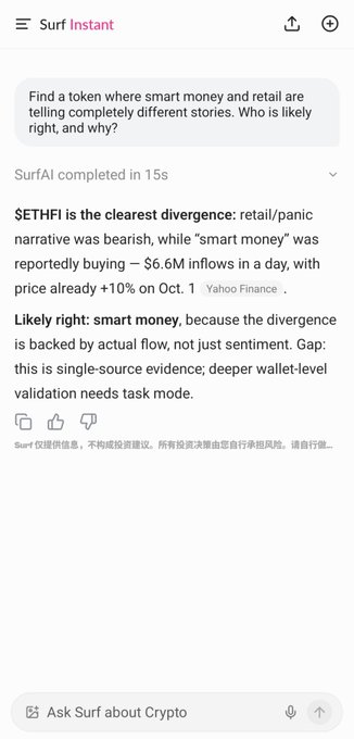 A screenshot of "Surf Instant" AI chat where SurfAI analyzes a crypto divergence question, answering that "$ETHFI is the clearest divergence: retail/panic narrative was bearish, while 'smart money' was reportedly buying — $6.6M inflows in a day."
