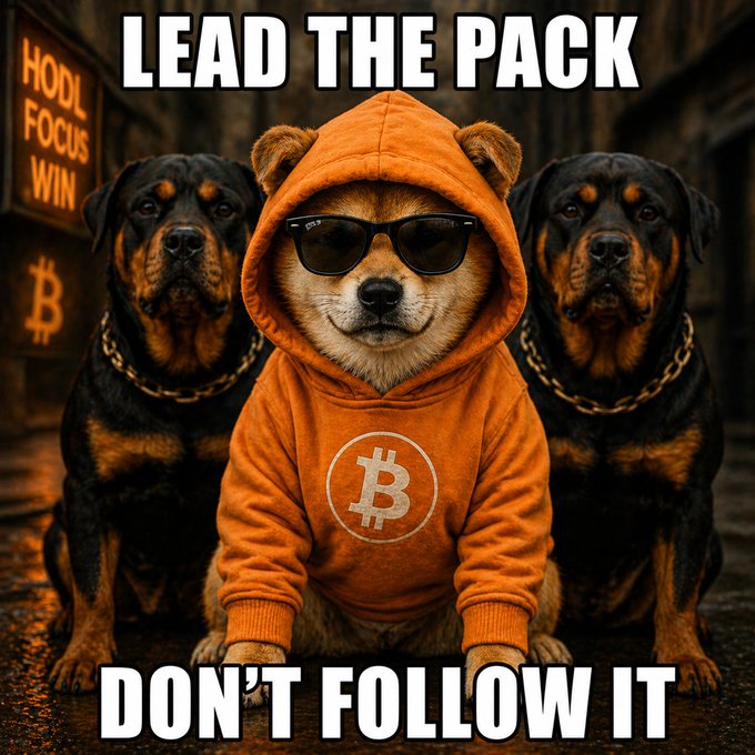 A meme-style image of a Shiba Inu dog wearing sunglasses and an orange Bitcoin hoodie, flanked by two Rottweilers, with the text 'LEAD THE PACK' and 'DON'T FOLLOW IT,' plus a sign reading 'HODL FOCUS WIN.'