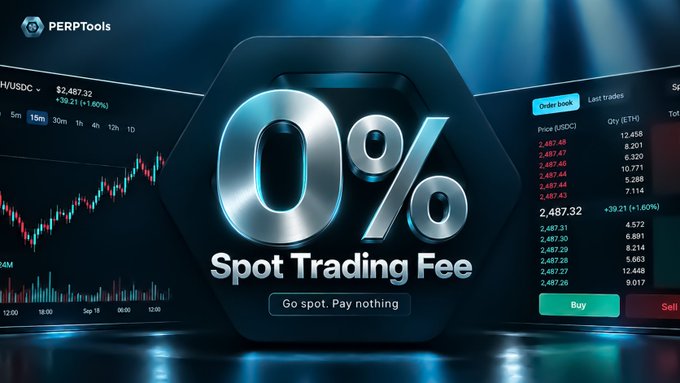 A promotional banner for PERPTools advertising 0% Spot Trading Fee with the tagline 'Go spot. Pay nothing', displayed against a dark background with candlestick charts and an order book showing prices around $2,487.32.
