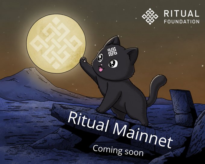A promotional illustration for 'RITUAL FOUNDATION' showing a black cartoon cat reaching toward a yellow moon with an endless knot symbol, with the text 'Ritual Mainnet Coming soon' on a log.