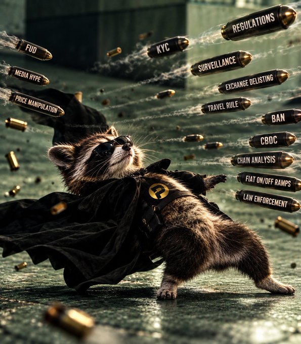 An artistic image of a raccoon wearing sunglasses and a black cape, dodging bullets labeled with terms like 'FUD', 'KYC', 'REGULATIONS', 'SURVEILLANCE', 'CBDC', and 'BAN', with an 'R' symbol on its chest.