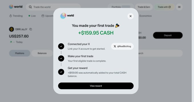 A pop-up notification from the "world" trading platform celebrates the user's first trade, showing a reward of "+$159.95 CASH" added to their total balance after connecting their X account (@RealBizKing). It highlights a USRR_X3.IY position currently valued at US$257.60, matching the post's excitement about casually earning ~$160 on their initial trade.
