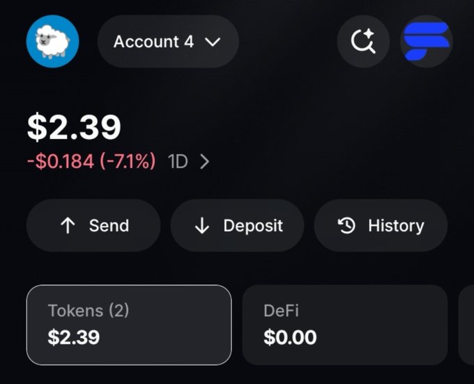The image shows a crypto wallet dashboard for "Account 4" displaying a balance of $2.39, down $0.184 (-7.1%) over the past day, with $2.39 in Tokens and $0.00 in DeFi. This screenshot humorously illustrates the post's complaint about holding through losses, with the user sarcastically calling themselves a "diamond hand" while their tiny $2.39 portfolio—dominated by what appears to be a dog-themed meme coin—sits in the red.
