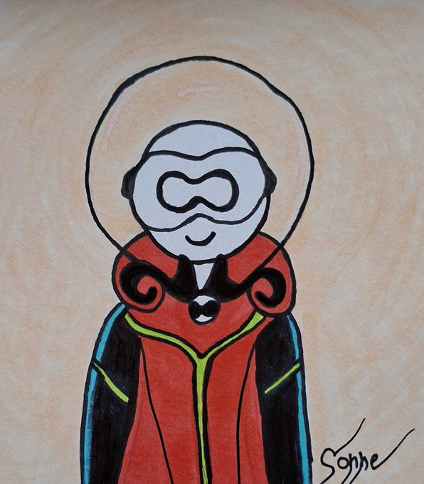 A stylized illustrated figure wearing a red and black robe with a glowing halo, large goggle-like eyes, and a small smile, signed "Sonne" in the corner, visually representing a calm, enlightened presence. The image pairs with the message by symbolizing clarity and focused guidance as @get_optimum works to remove hidden uncertainty in data systems.