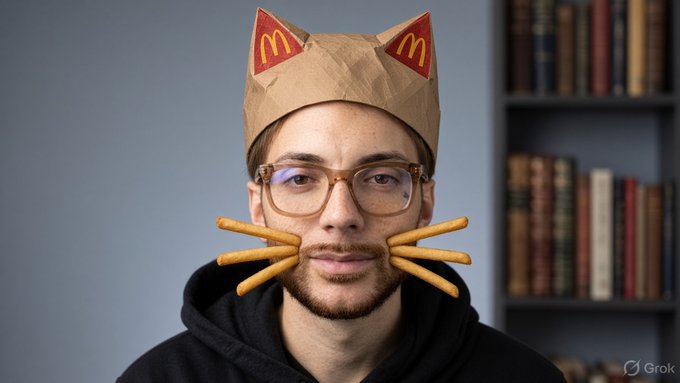 A young man wearing glasses and a black hoodie, humorously adorned with a McDonald's paper crown and breadsticks arranged as cat whiskers, created with Grok AI.