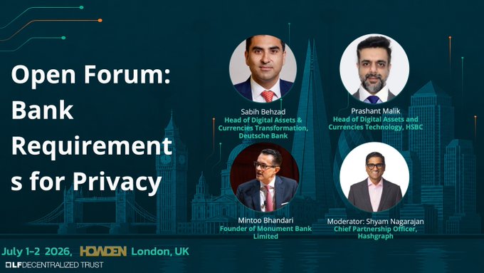 Promotional graphic for an "Open Forum: Bank Requirements for Privacy" panel at the DLP Decentralized Trust event (July 1-2, 2026, London, UK), featuring panelists Sabih Behzad (Head of Digital Assets & Currencies Transformation, Deutsche Bank), Prashant Malik (Head of Digital Assets and Currencies Technology, HSBC), and Mintoo Bhandari (Founder of Monument Bank Limited), with Shyam Nagarajan (Chief Partnership Officer, Hashgraph) moderating. The graphic displays headshots of the four speakers against a London skyline backdrop, visually reinforcing the accompanying post about the upcoming Privacy for Financial Services Workshop panel.