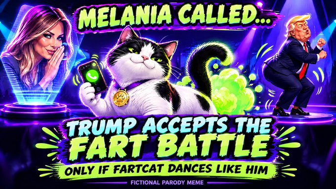 A colorful fictional parody meme showing a cat with a phone next to Melania and Trump, with text reading 'MELANIA CALLED... TRUMP ACCEPTS THE FART BATTLE - ONLY IF FARTCAT DANCES LIKE HIM - FICTIONAL PARODY MEME'.