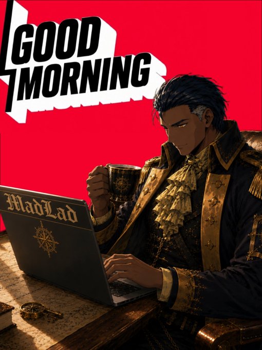 The image shows a stylish anime-style character in an ornate black and gold military-style jacket, sipping coffee while working on a laptop labeled "MadLad," with "GOOD MORNING" displayed in bold text above him on a vibrant red background. The post's weekend message pairs perfectly with the "GM" greeting in the image, encouraging the X family to relax, touch grass, and take a break from grinding—just like the suave character enjoying his peaceful morning coffee moment.