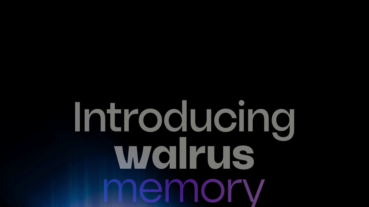 The image features a black background with white text that reads "Introducing Walrus Memory" at the top, followed by a description of the memory layer. The text is written in purple and blue colors, which are used for emphasis on the content.