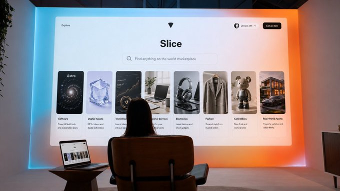 A person sits in a chair facing a large screen displaying a marketplace interface called "Slice." The marketplace features various categories like Software, Digital Assets, Electronics, and Fashion, each represented by a sample image.