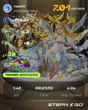 A STEP'N GO fitness app screenshot featuring an angelic anime character, showing stats for user "topwill" including 7.01 GST/MIN earnings, 1.48 km, 00:21:59 time, and 4.04 Avg Speed.