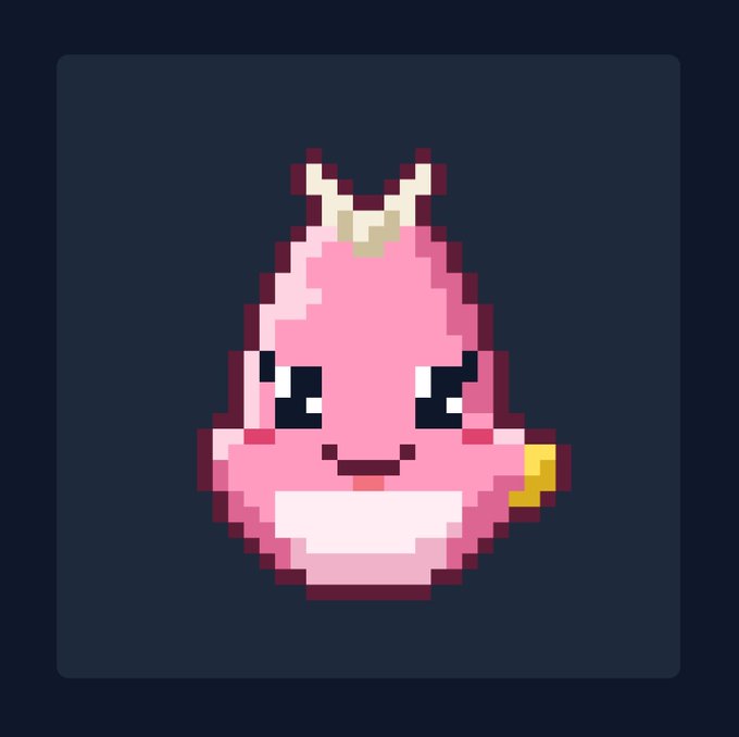 A pixel-art pink dragon-like creature with horns and a small yellow tail appears as a digital pet mascot for the Kaspa ($KAS) blockchain, aligning with the post's announcement of an upcoming blockchain-based virtual pet featuring hunger, mood, and ownership mechanics.