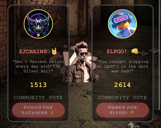 A Crypto Fight Club vote results screen shows $LFGO defeating $JCHAINS with 2614 votes to 1513, featuring their respective avatar logos (a LEGO minifigure and a wolf with chains), a tough-looking character standing between the two voting panels, and references to "Silver Bull" and stepping on LEGO's in the dark as tagline jokes.