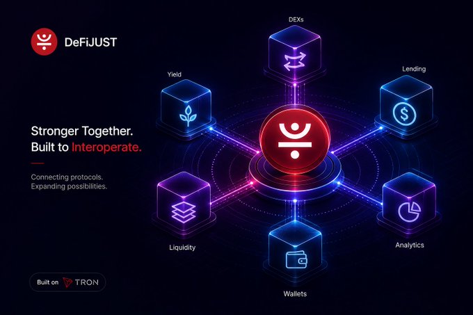 A promotional graphic for 'DeFiJUST' with the tagline 'Stronger Together. Built to Interoperate,' showing connected cubes labeled DEXs, Lending, Analytics, Wallets, Liquidity, and Yield, built on Tron.