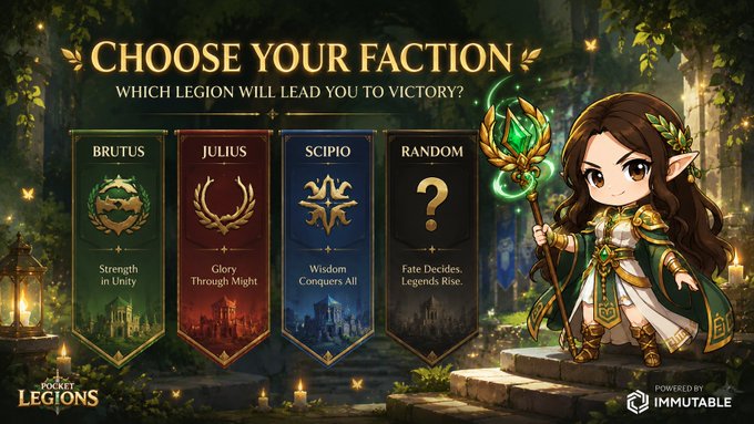 Pocket Legions game screen displaying 'CHOOSE YOUR FACTION - WHICH LEGION WILL LEAD YOU TO VICTORY?' with four options: Brutus (Strength in Unity), Julius (Glory Through Might), Scipio (Wisdom Conquers All), and Random (Fate Decides, Legends Rise), powered by Immutable.