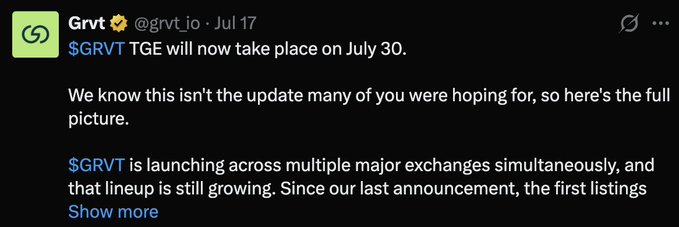 A tweet from @grvt_io dated July 17 announcing that the $GRVT TGE will now take place on July 30 due to a growing lineup of exchange listings.
