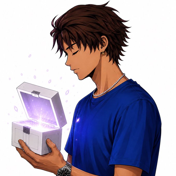 An anime-style illustration shows a young man with brown hair, wearing a blue t-shirt, pearl necklace, and earring, gazing softly into an open white box emitting glowing purple light and floating crystals—symbolizing the "soon money" promised in the post. The ethereal treasure chest visually represents the crypto/GANG community's optimism and the hopeful gesture of requesting a "GM" from fellow members.