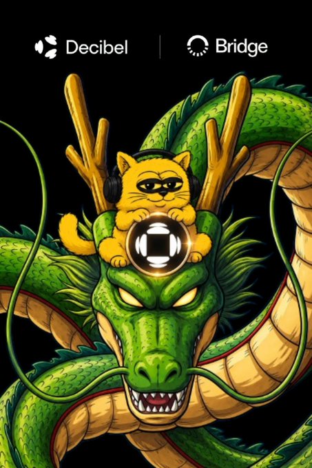 A digital illustration featuring a green dragon with an orange cat wearing headphones sitting on its head, with 'Decibel' and 'Bridge' logos at the top.
