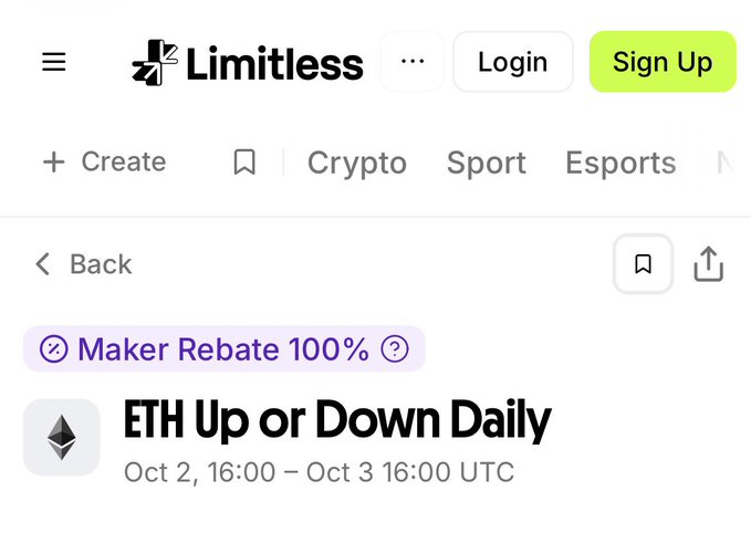A screenshot from Limitless website showing an 'ETH Up or Down Daily' prediction event from Oct 2 to Oct 3 UTC.