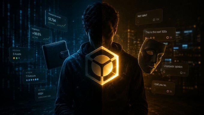 A hooded figure stands in a dark, digital cityscape with a glowing gold hexagonal logo on their chest, surrounded by floating HUD panels showing crypto metrics like 'TRANSACTIONS/MIN 12,734', 'PORTFOLIO +18.6%', and sentiment tags like 'Hot take!' and 'Unpopular opinion'.