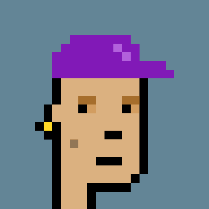 A pixel art portrait of a CryptoPunk character with a purple cap, light skin, and a small earring, set against a blue background, representing Punk #4241 which was purchased for 36.80 ETH.