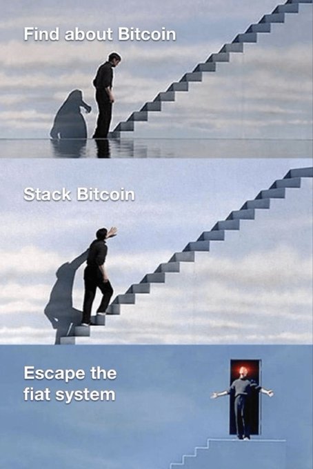 A three-panel Bitcoin meme: 'Find about Bitcoin' (discovering stairs), 'Stack Bitcoin' (climbing stairs), and 'Escape the fiat system' (walking through a door into the light).