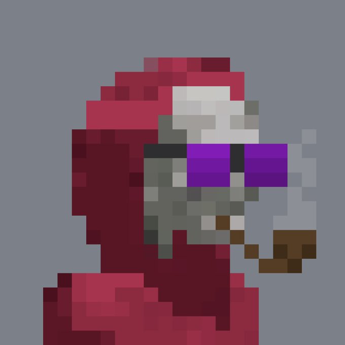 A pixel art image showing a red-hooded figure with purple sunglasses and a white beard, resembling a stylized depiction of Santa Claus or a similar character rendered in low-resolution blocks.