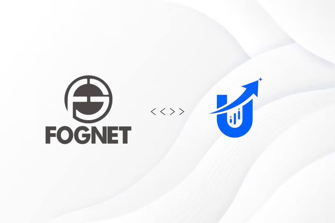 A digital graphic featuring two logos with arrows pointing between them: a dark gray circular logo for 'FOGNET' on the left and a blue circular logo with a rising arrow and bar chart on the right.
