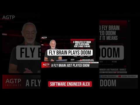 A YouTube thumbnail from AGTP Weekends showing a software engineer named Alex with the title 'FLY BRAIN PLAYS DOOM' and subtitle 'A FLY BRAIN JUST PLAYED DOOM'.