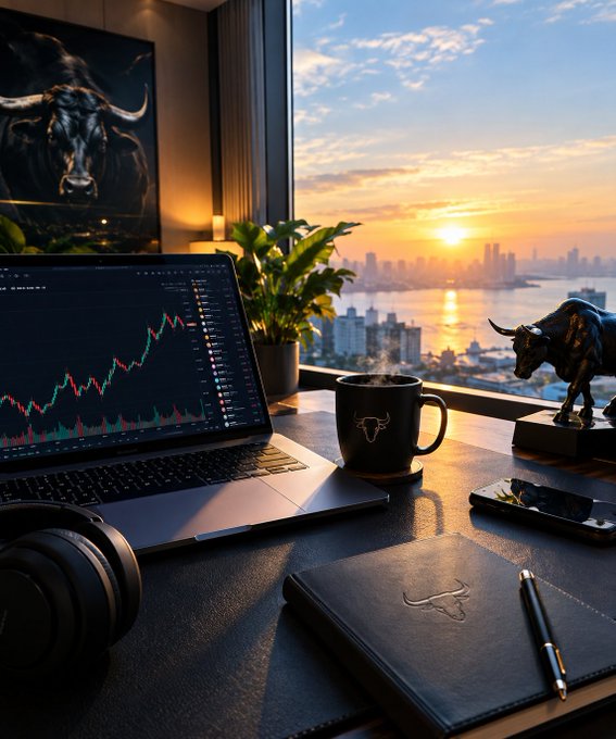 A desk setup at sunset overlooking a city skyline, featuring a laptop displaying stock charts, a coffee mug, a notebook, and a bull figurine.