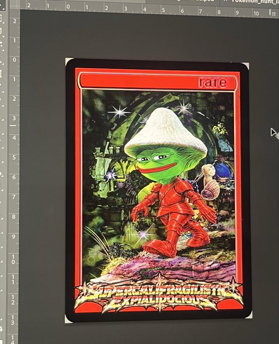 Digital artwork of a Pepe the Frog trading card labeled 'rare' titled 'IMPEREAL FRAGILISTIC EXPIALIPOCIOUS' shown on a graphics tablet.