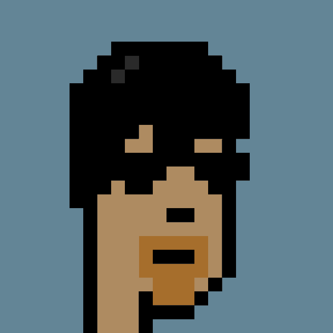 A low-resolution pixel art portrait of a CryptoPunk character with dark skin and black hair against a blue background, representing Punk #5975 recently purchased for 34.49 ETH.