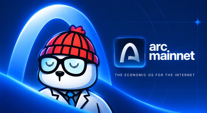 A cartoon dog mascot wearing glasses and a beanie appears alongside the "arc mainnet" logo with the tagline "THE ECONOMIC OS FOR THE INTERNET," promoting the launch of Arc mainnet and its ecosystem of bridging tools.