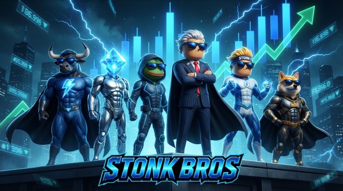 A stylized illustration titled 'STONK BROS' featuring cartoon characters in superhero and business attire standing in front of a city skyline with stock charts and an upward-pointing green arrow.