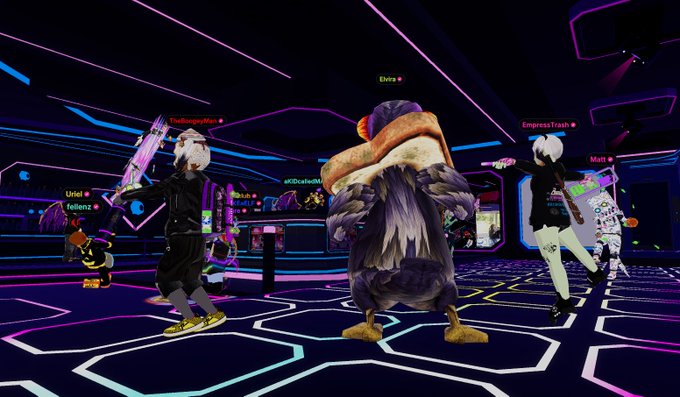 A virtual 3D environment with neon lighting featuring multiple anthropomorphic bird avatars, including labeled characters 'TheBlazingRose', 'XRadiationX', 'Evva', 'EmpressTrash', 'Uriel', 'fellonzz', and 'Mint'.