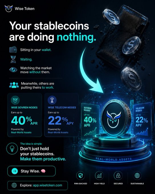 A promotional graphic for Wise Token advertising 'Your stablecoins are doing nothing,' highlighting Wise Sovereign Nodes offering up to 40% APR and Wise Telecom Nodes offering up to 22% APY, powered by Real-World Assets, at app.wisetoken.com.