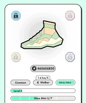 A mobile app screen showing a green sneaker NFT/token with a numerical ID of 465656830, classified as Common, Walker type, 1-6 km/h, with a durability of 100.0/100.0, Level 5, and a 'Shoe Mint' progress at 3/7.