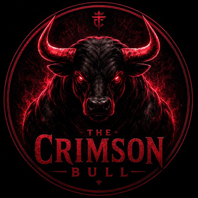 A fierce red-eyed bull logo encircled in crimson glow displays the text "THE CRIMSON BULL," visually reinforcing the token's branding used to promote the live $BULL presale on Robinhood.