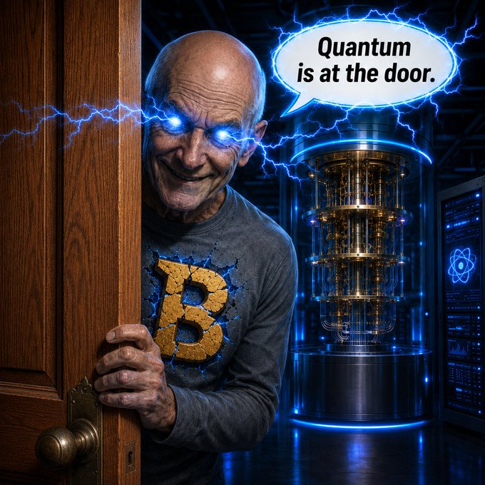 A bald man with glowing blue eyes peeks from behind a wooden door, wearing a gray shirt with a cracked Bitcoin logo, with a speech bubble saying 'Quantum is at the door.' beside a quantum computer.
