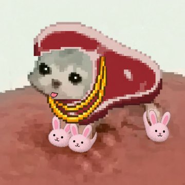 A small white dog wearing a red hoodie and gold chain stands next to three tiny bunny figurines.