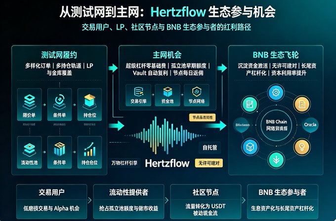 Chinese-language infographic titled 'Hertzflow' detailing ecosystem participation opportunities from testnet to mainnet for trading users, LPs, community nodes, and BNB ecosystem participants.