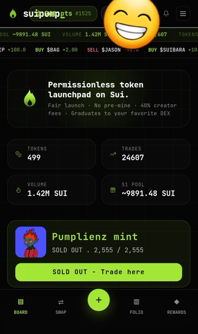 A screenshot of the Suipump website, describing itself as a 'Permissionless token launchpad on Sui,' showing stats like 499 tokens and a volume of 1.42M SUI.