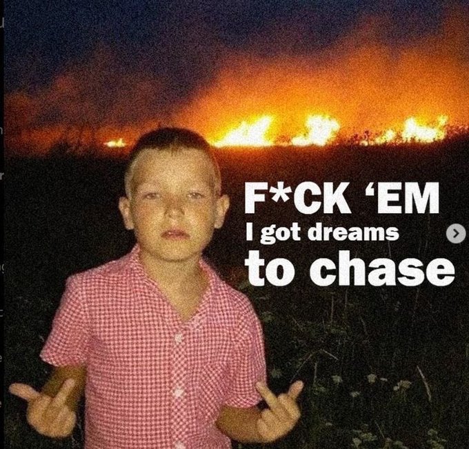 Motivational meme featuring a young boy in a pink checkered shirt holding sausages in front of a field fire, with the text 'F*CK 'EM - I got dreams to chase'.