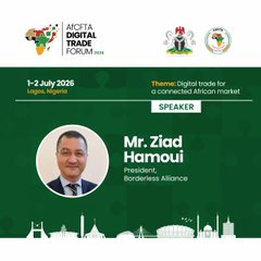 The image is a promotional banner for the "Africa Digital Trade Forum 2018" taking place on July 1-2, 2018 in Lagos, Nigeria, featuring speaker Mr. Ziad Hamoui, President of Borderless Alliance, under the theme "Digital trade for a connected African market." The post's reference to "#IOTA" relates to the forum's focus on digital trade, where IOTA—a blockchain-based distributed ledger technology often discussed in African digital commerce contexts—aligns with the event's theme of connected markets.