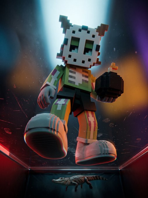 A 3D render of a blocky, Minecraft-style character wearing a skull mask, green and yellow clothes, and large shoes, walking forward with a small alligator below on a reflective surface.