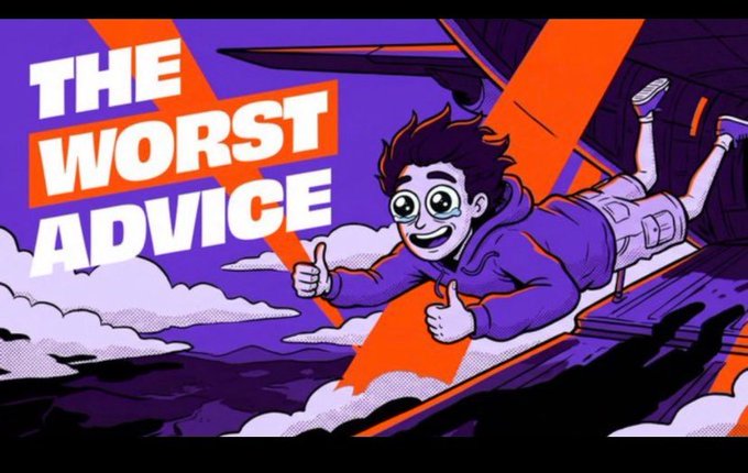 This image, depicting "THE WORST ADVICE," illustrates the text's narrative of a disastrous attempt to follow a common investment strategy. The cartoon character's exaggerated expression and tumbling motion visually represent the negative outcome of the described DCA strategy.