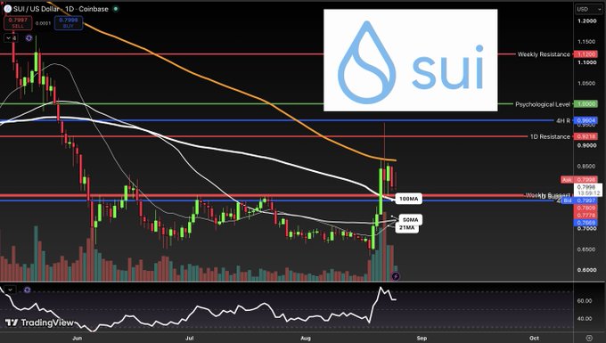 A TradingView daily candlestick chart of SUI/USD shows the price at 0.7987 with a recent bounce off weekly support near 0.7000, currently testing resistance levels around 0.7998 and the 1D resistance at 0.8195, while remaining under a key downtrend line. The setup aligns with the post’s cautious outlook, signaling that a confirmed breakout with volume is still needed before taking a position.