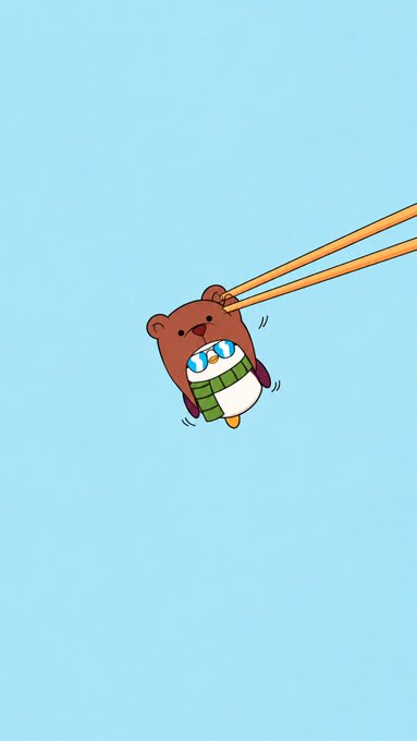 A cute cartoon illustration of a small brown bear wearing reflective blue sunglasses and a green sweater, dangling mid-air while being held up by orange chopsticks against a light blue background.